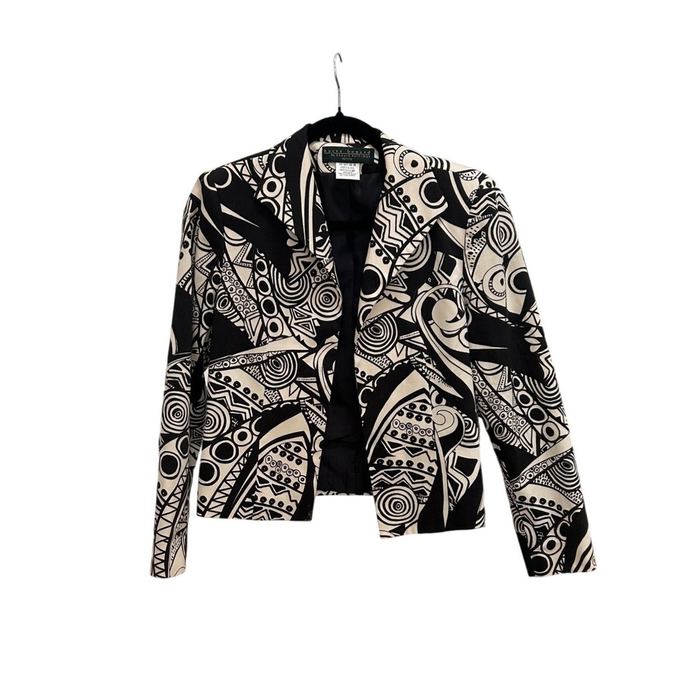 Harvé Benard Petite Black White Abstract Print Blazer Vintage 90s Graphic Jacket
